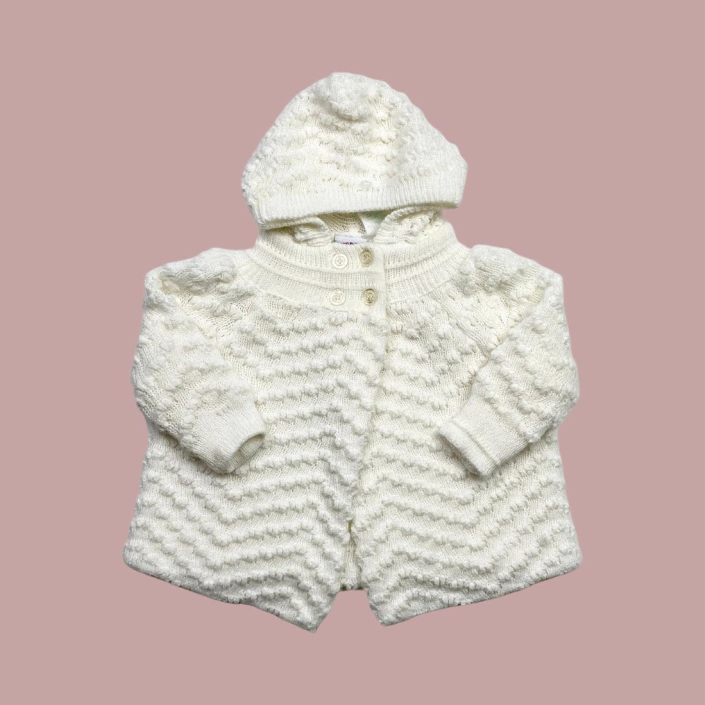Vintage Chunky Hand Knit Hooded Cardigan Boho Bohemian Cream Ivory 24 Month
